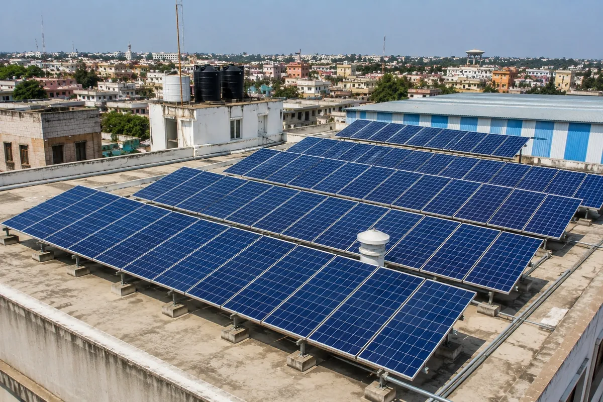 Solar panel array on the flat roof of an Indian commercial building