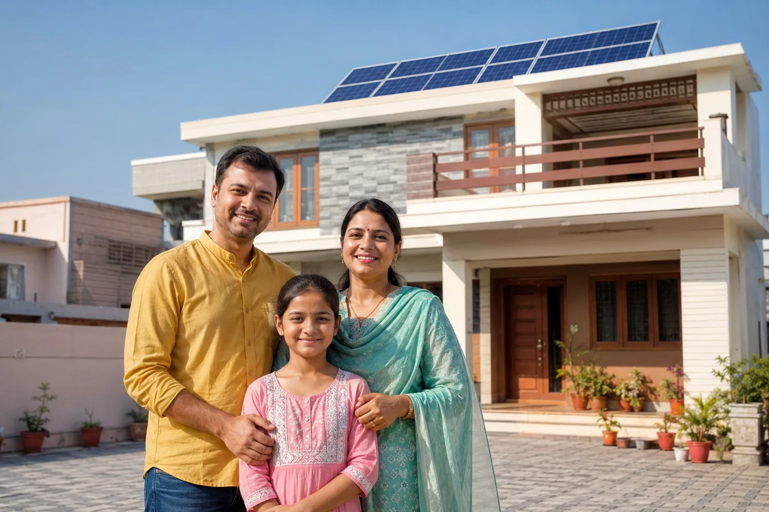 Indian family home with rooftop solar panels
